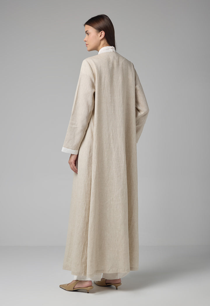 Choice Contrast Linen Maxi Abaya With Hijab Beige Melange