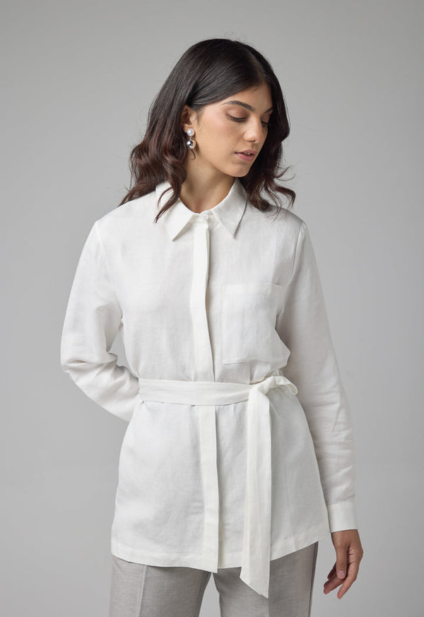 Choice Solid Long Sleeve Belted Shirt Off White