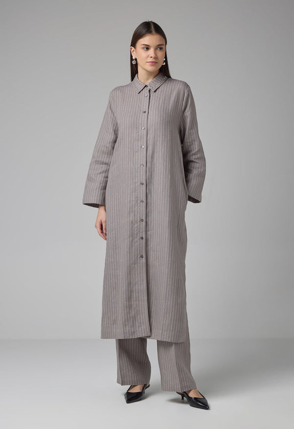 Choice Striped Belted Shirt Dress Grey