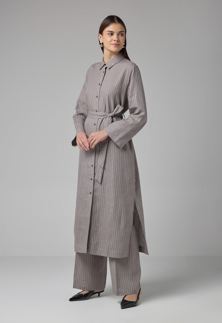 Choice Striped Belted Shirt Dress Grey