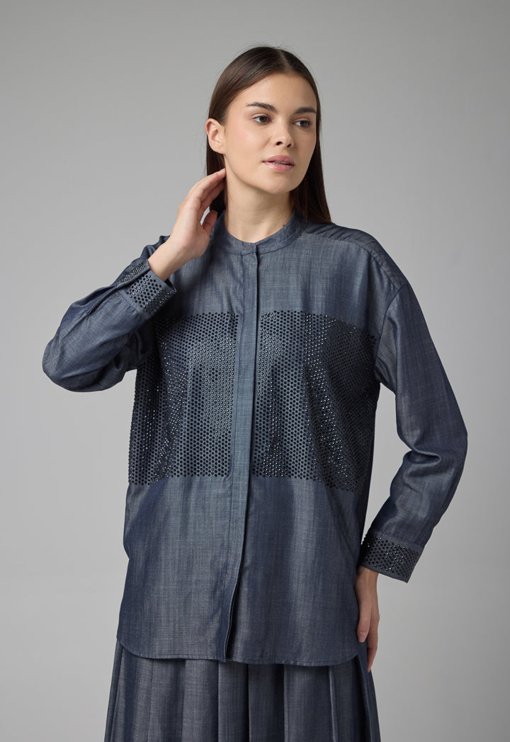 Choice Solid Crystal Embellished Shirt Indigo