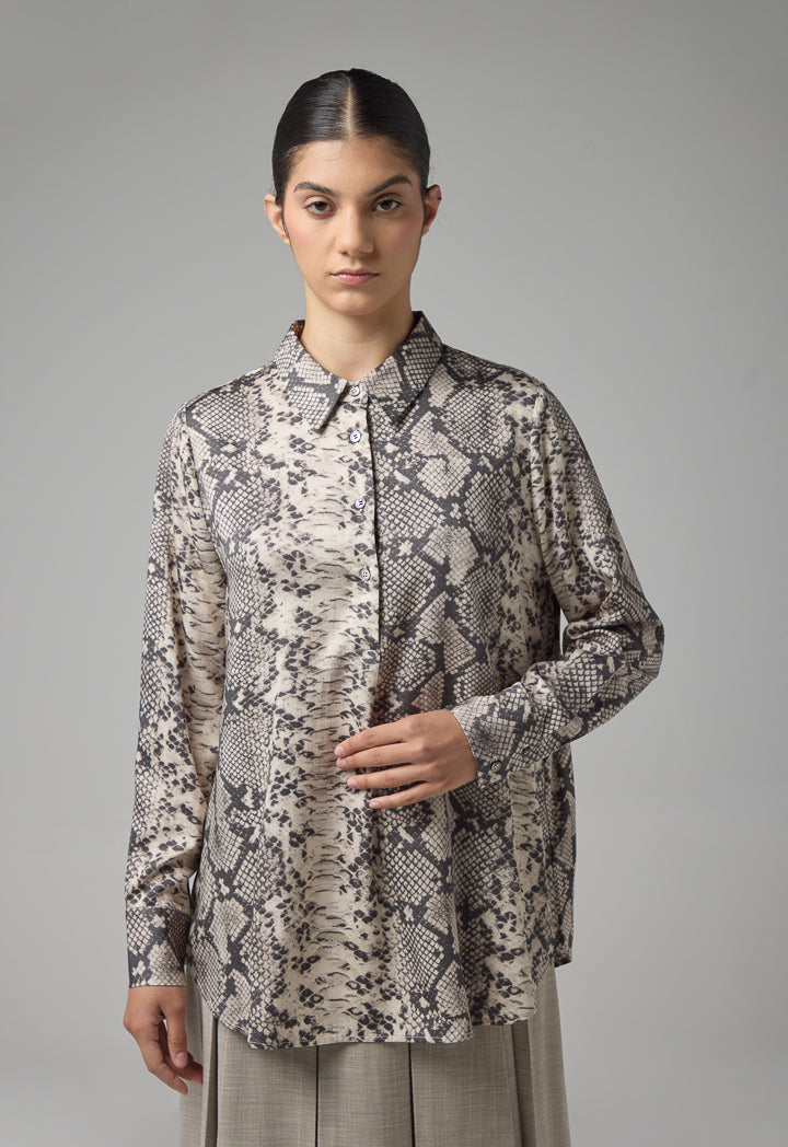 Choice Half Buttons Snake Printed Shirt  Beige - Black