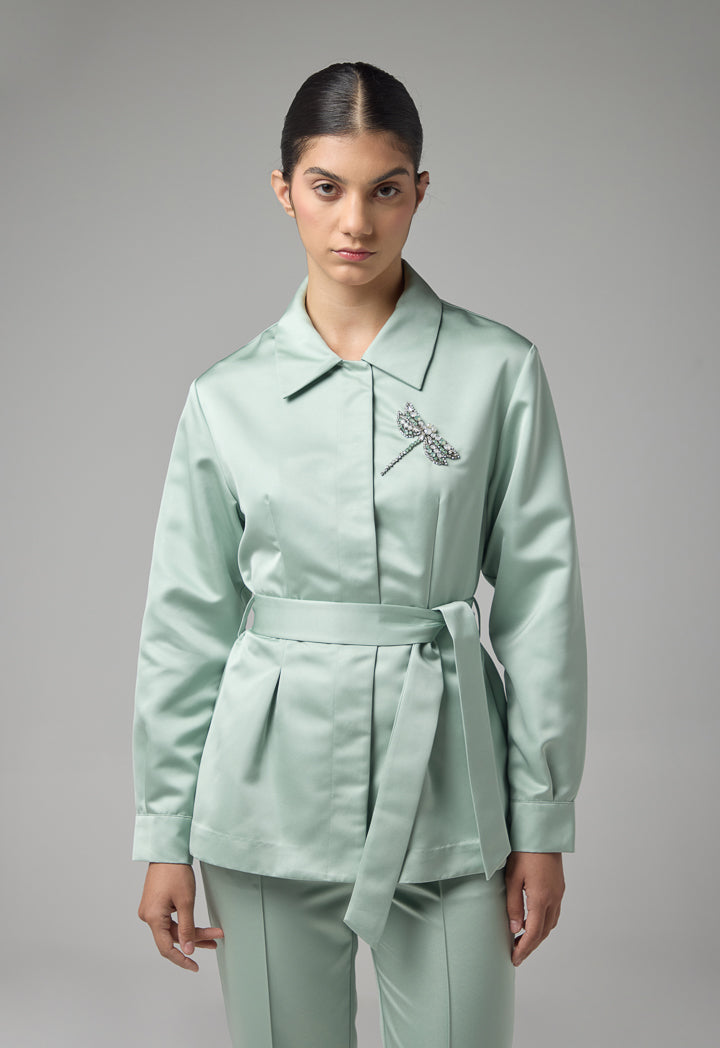 Choice Solid Crystal Embellished Belted Shirt Mint