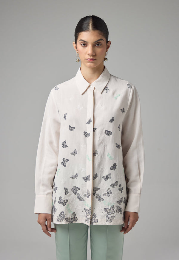 Choice Butterfly Embroidered Long Sleeves Shirt Beige