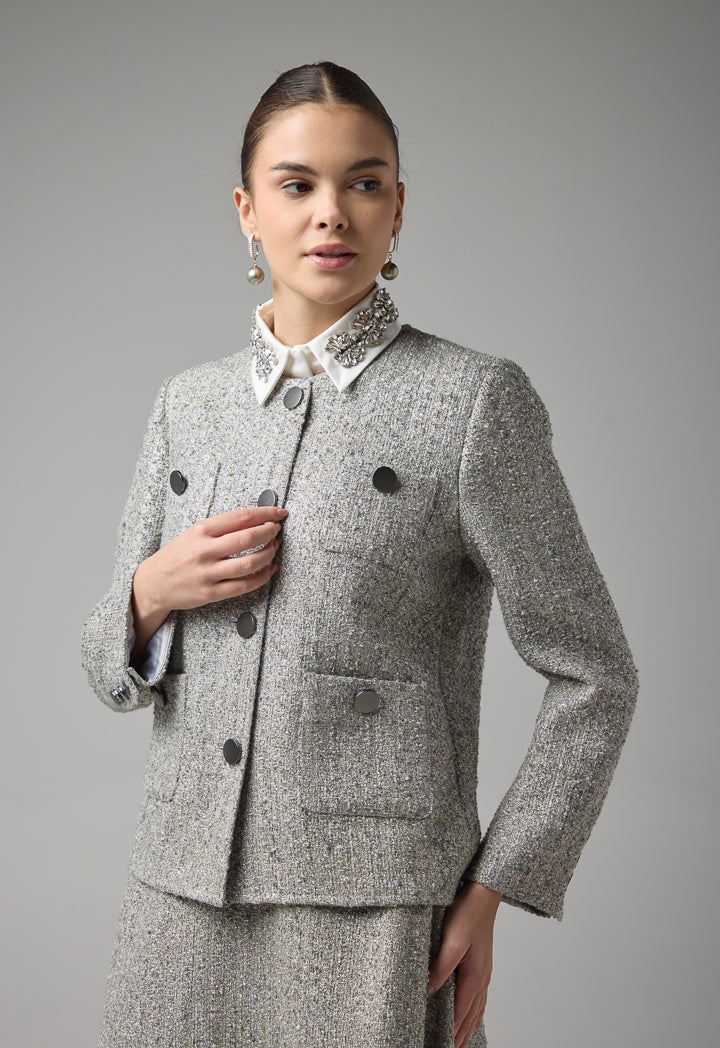 Choice Multi Front Pockets Tweed Lurex Jacket Grey