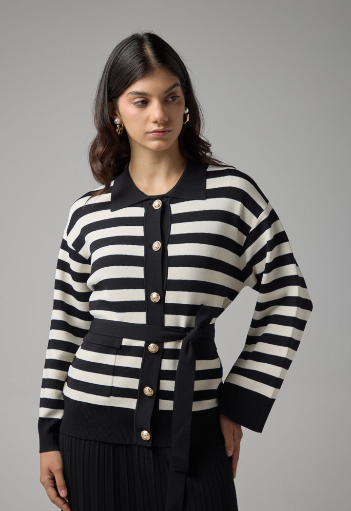 Choice Two-Tone Knitted Belted Cardigan Offwhite/Black