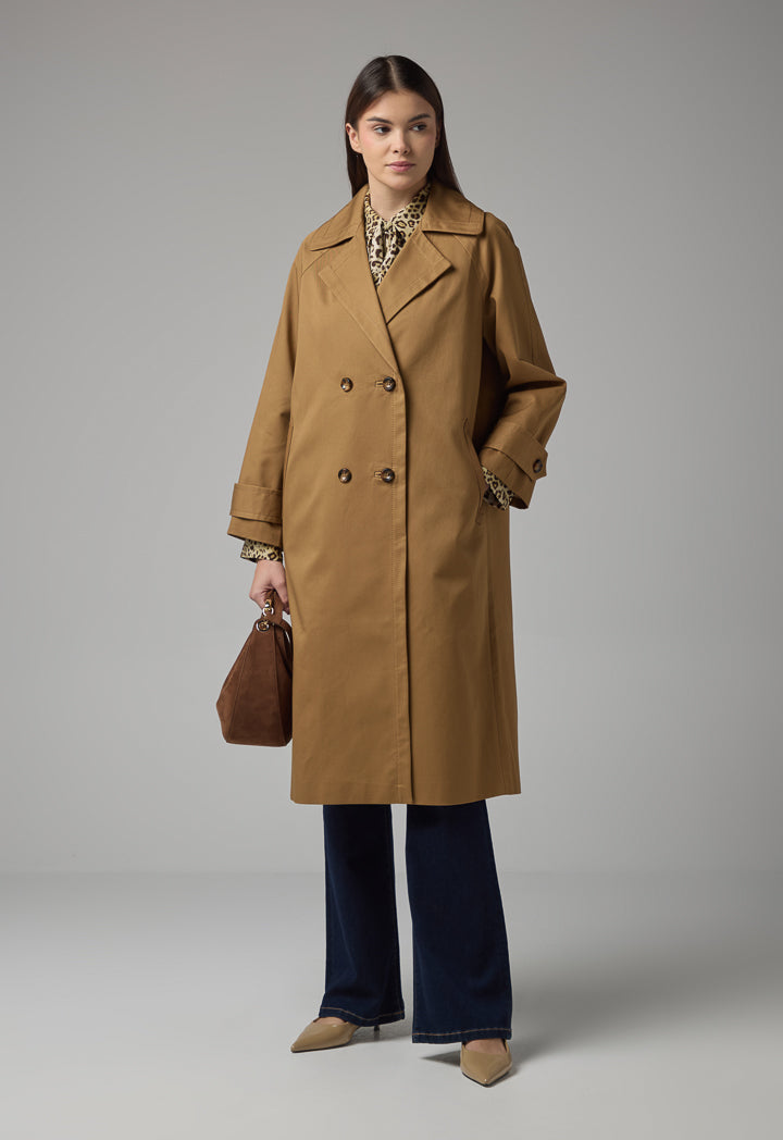 Choice Double Breasted Notched Collar Midi Trench Coat Camel