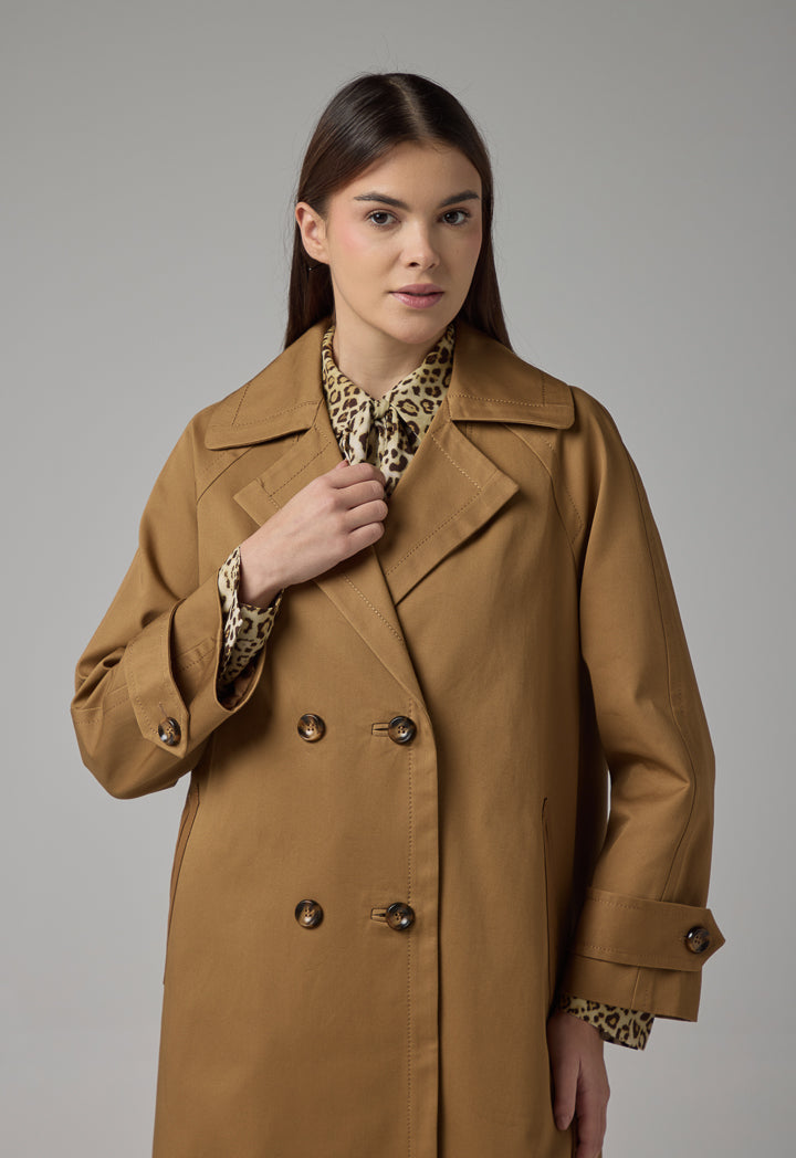 Choice Double Breasted Notched Collar Midi Trench Coat Camel