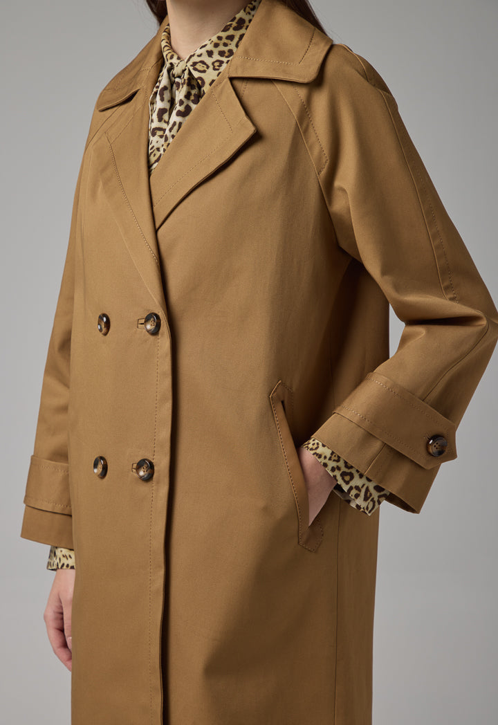 Choice Double Breasted Notched Collar Midi Trench Coat Camel