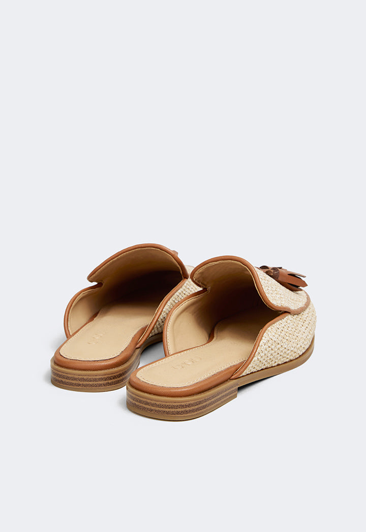 Choice Intricate Faux Straw Mules Camel