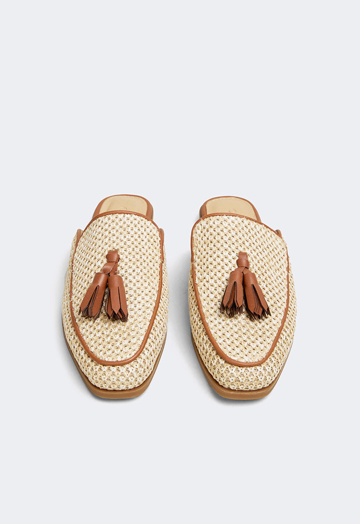 Choice Intricate Faux Straw Mules Camel