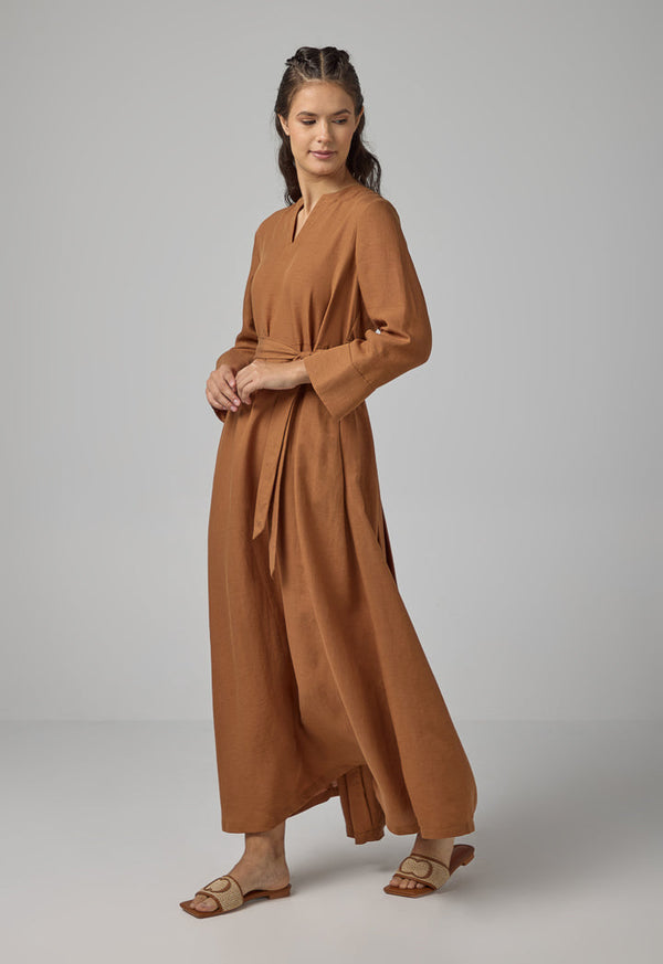 Choice Solid Flared Belted Dress Caramel