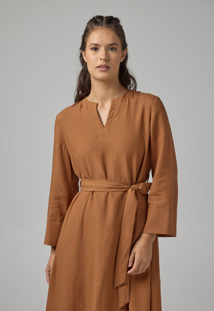 Choice Solid Flared Belted Dress Caramel