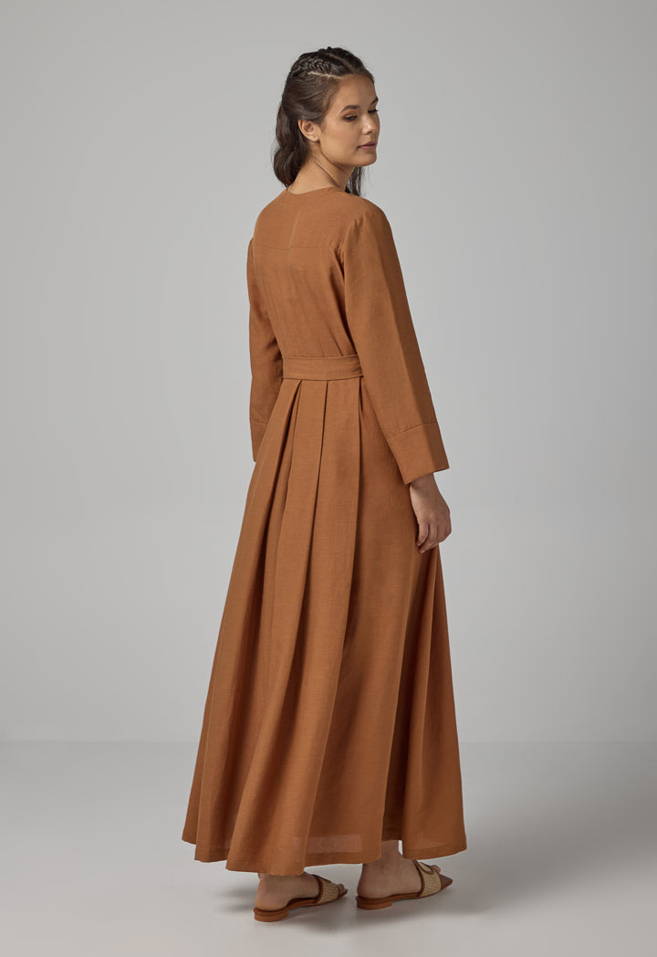 Choice Solid Flared Belted Dress Caramel