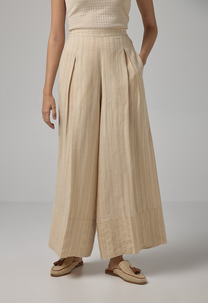 Choice Striped Wide Leg Trousers Beige