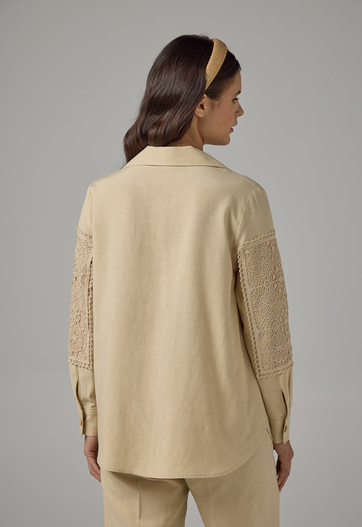 Choice Long Sleeves Crochet Shirt Beige