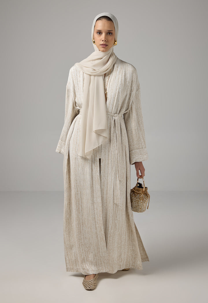 Choice Textured Contrast Belted Abaya With Hijab Beige