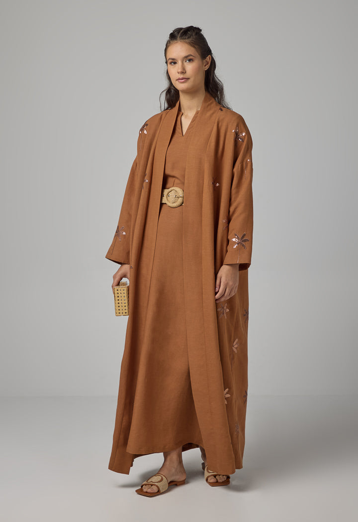 Choice Embroidered Sequin Maxi Abaya   Caramel