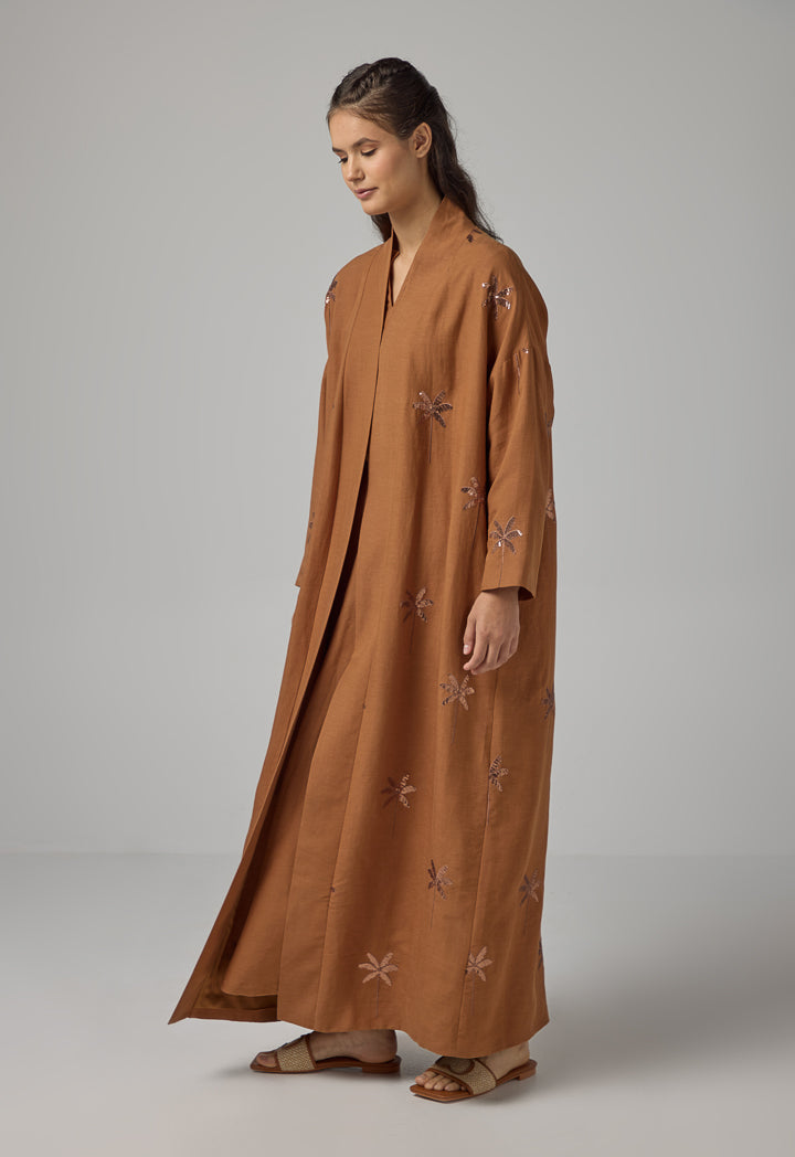 Choice Embroidered Sequin Maxi Abaya   Caramel