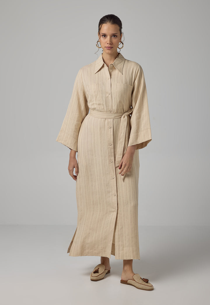 Choice Striped Belted Maxi Abaya Beige