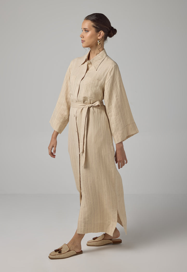 Choice Striped Belted Maxi Abaya Beige