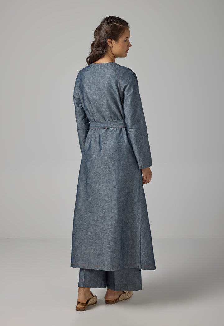 Choice Multi Front Pocket Coat With Belt Indigo