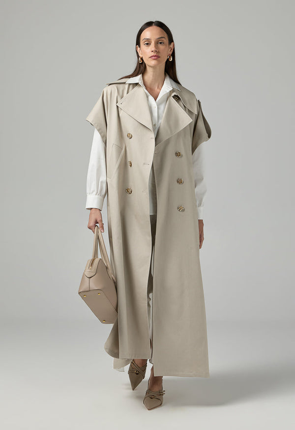 Choice Solid Double Breasted Notched Collar Outerwear Beige