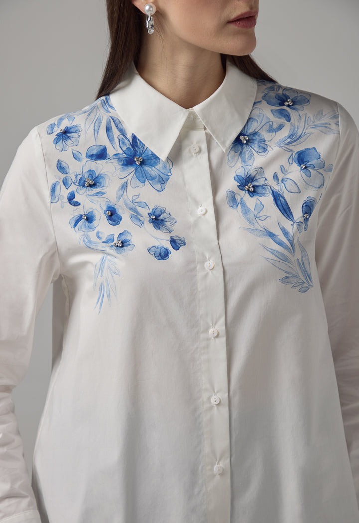 Choice Floral Printed Long Sleeve Shirt Off White