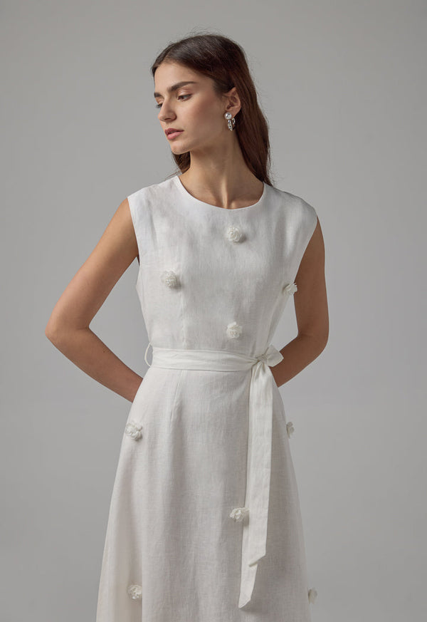 Choice Sleeveless Flared Linen Belted Dress Off White