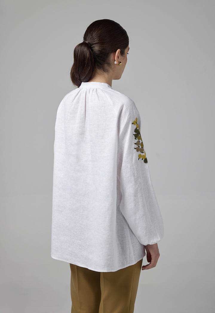 Choice Floral Embroidered Linen Shirt Off White