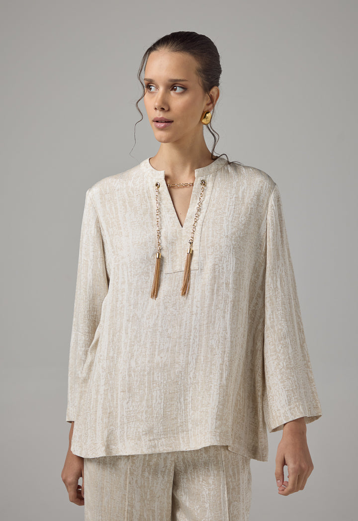 Choice Long Sleeve Blouse With Detachable Chain Beige