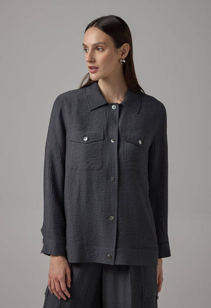 Choice Solid Front Flap Pockets Crinkled Jacket Dark Grey