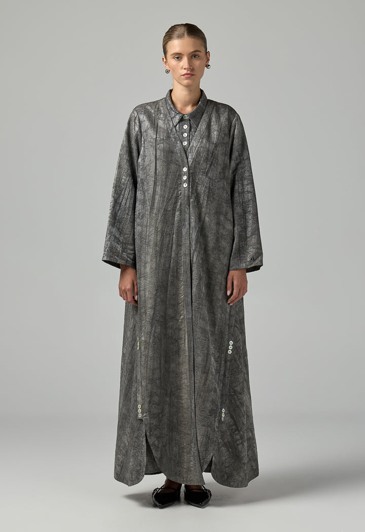 Choice Textured Jacquard Belted Abaya With Hijab (2Pcs) Grey
