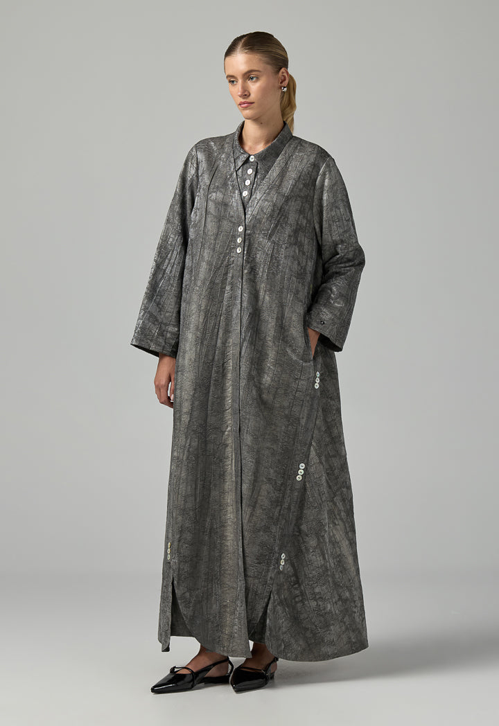 Choice Textured Jacquard Belted Abaya With Hijab (2Pcs) Grey