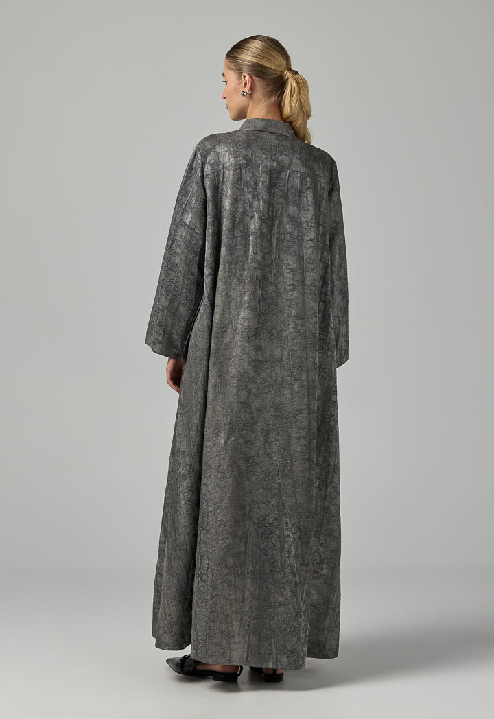 Choice Textured Jacquard Belted Abaya With Hijab (2Pcs) Grey