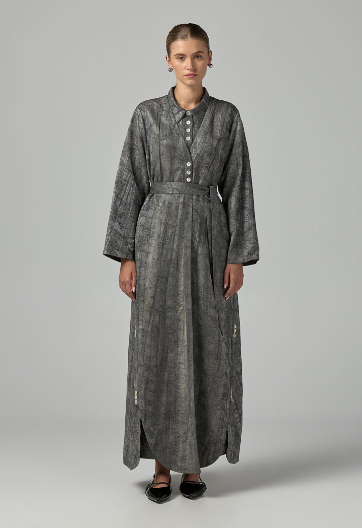 Choice Textured Jacquard Belted Abaya With Hijab (2Pcs) Grey