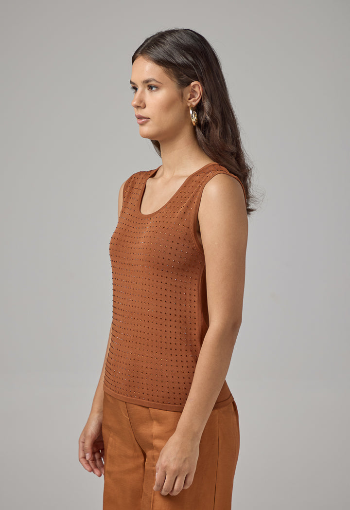 Choice Sleeveless Crystal Embellished Knitted Top Caramel