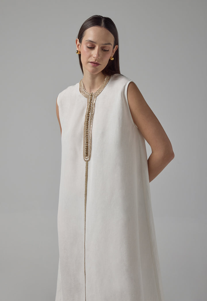 Choice Sleeveless Flared Lurex Kaftan Dress Off White