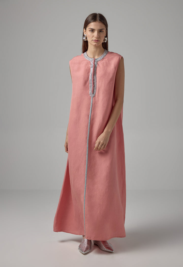 Choice Sleeveless Flared Lurex Kaftan Dress Salmon