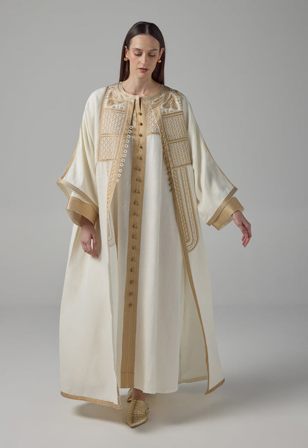 Choice Lurex Embroidered Flared Belted Abaya Off White