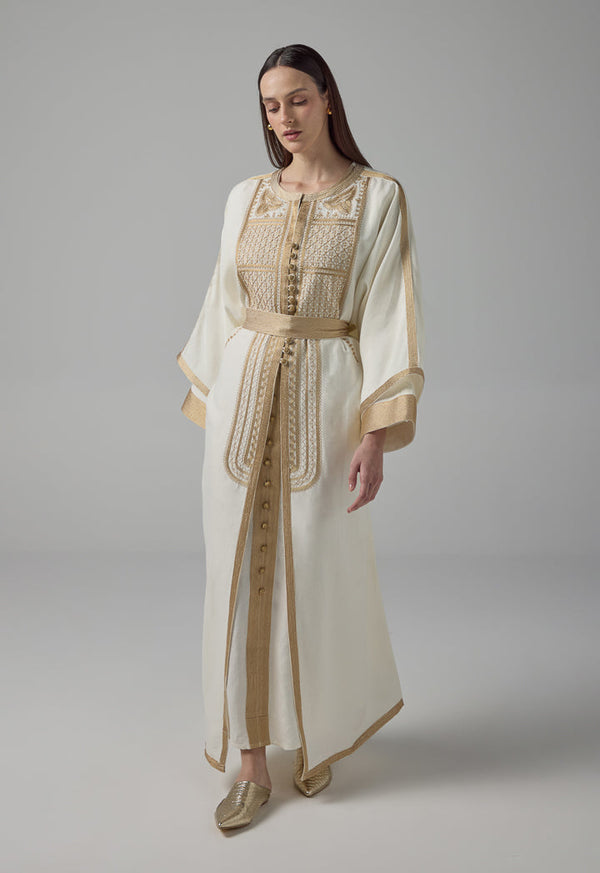 Choice Lurex Embroidered Flared Belted Abaya Off White