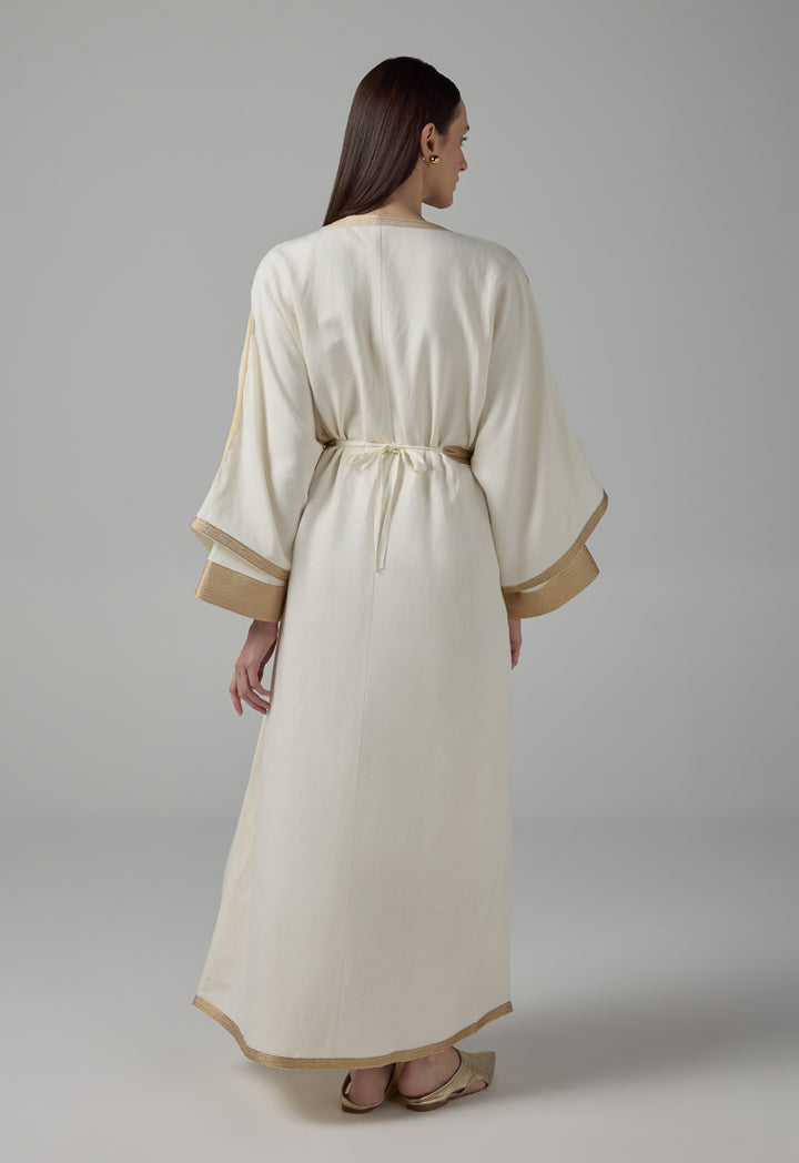 Choice Lurex Embroidered Flared Belted Abaya Off White