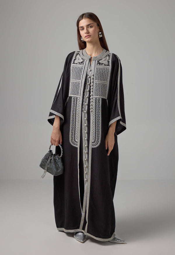 Choice Lurex Embroidered Flared Belted Abaya Black