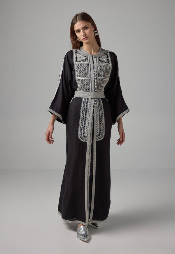 Choice Lurex Embroidered Flared Belted Abaya Black