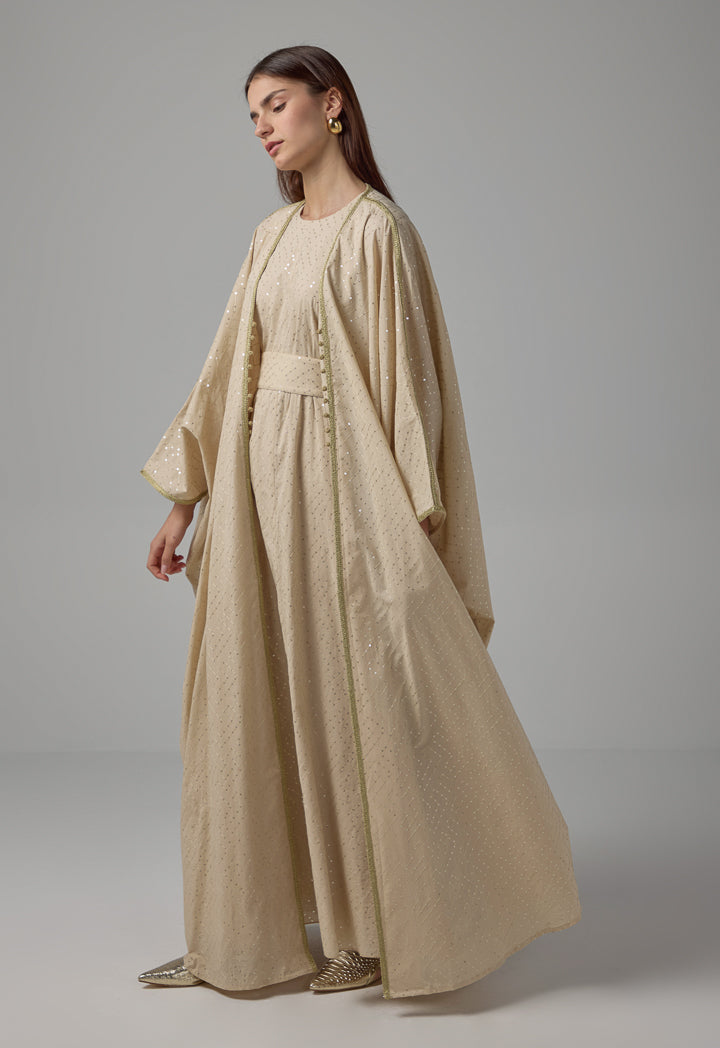 Choice Oversized Belted Sequin Maxi Abaya Beige