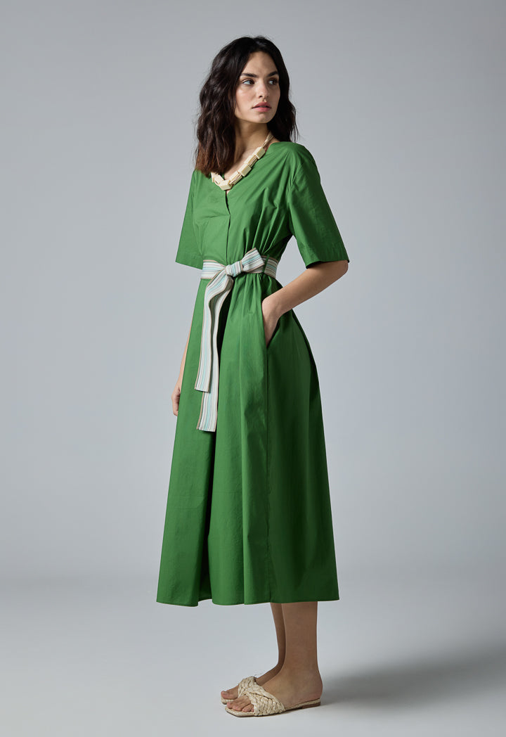 Choice V-Neck Solid Short Sleeves Dress Green