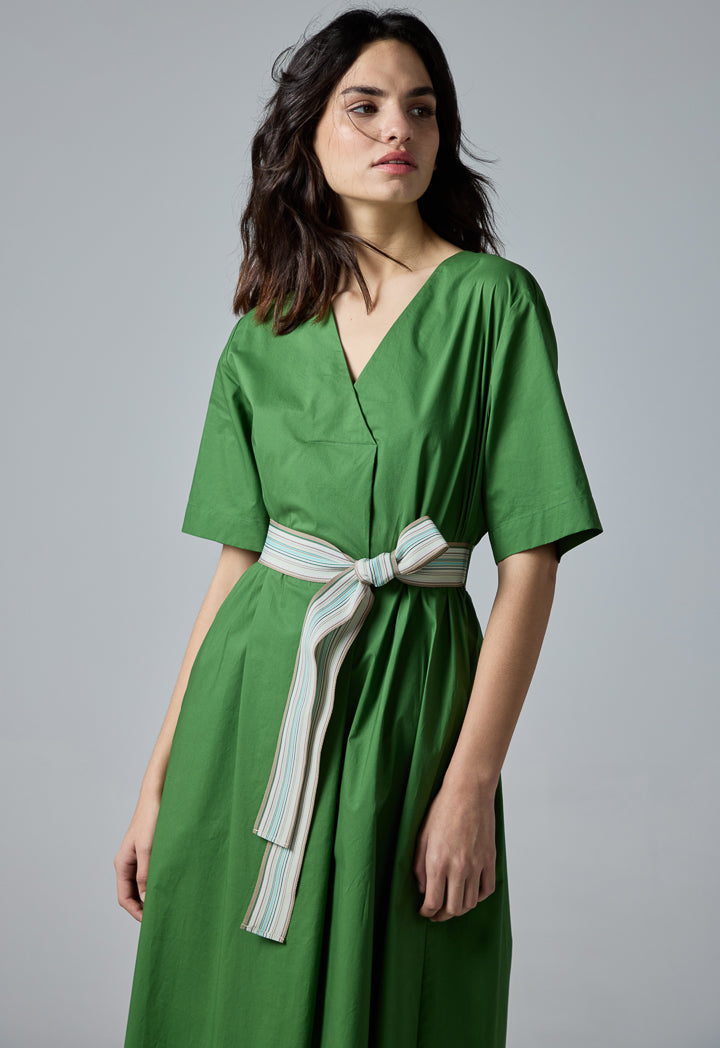 Choice V-Neck Solid Short Sleeves Dress Green