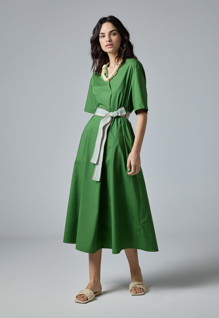 Choice V-Neck Solid Short Sleeves Dress Green