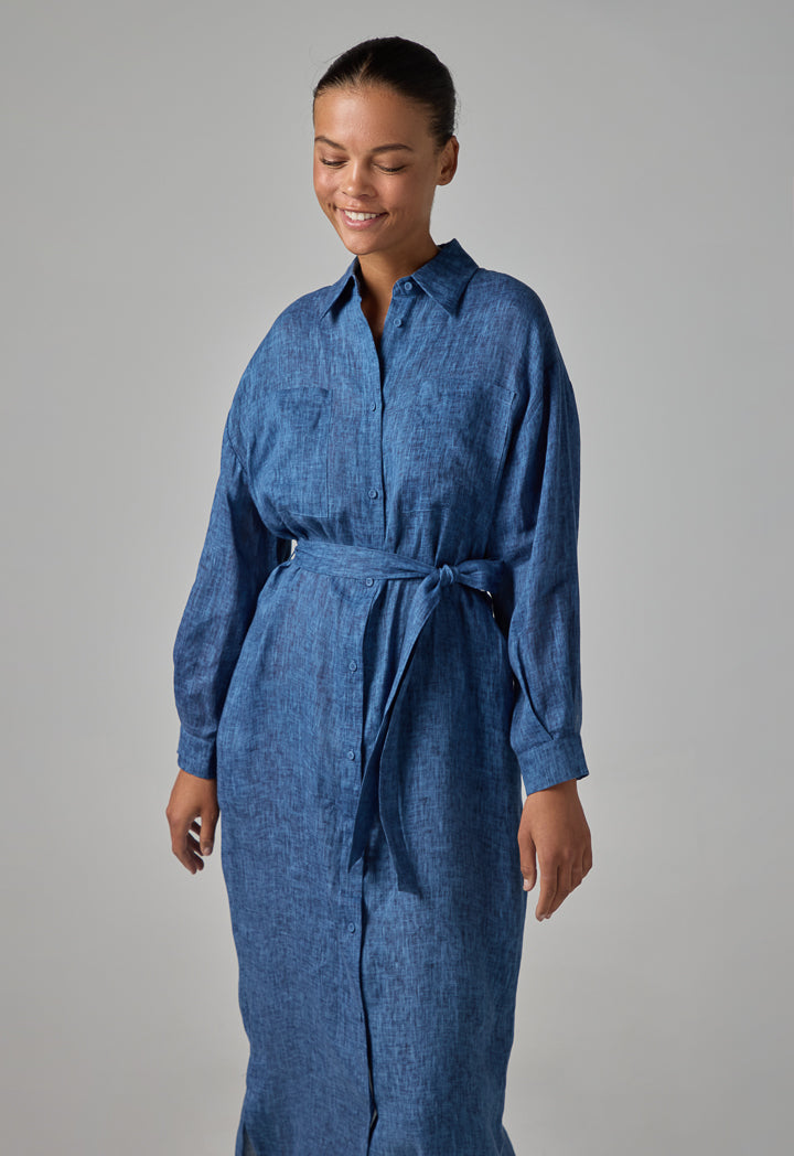 Choice Solid Patch Pockets Belted Shirt Dress Indigo