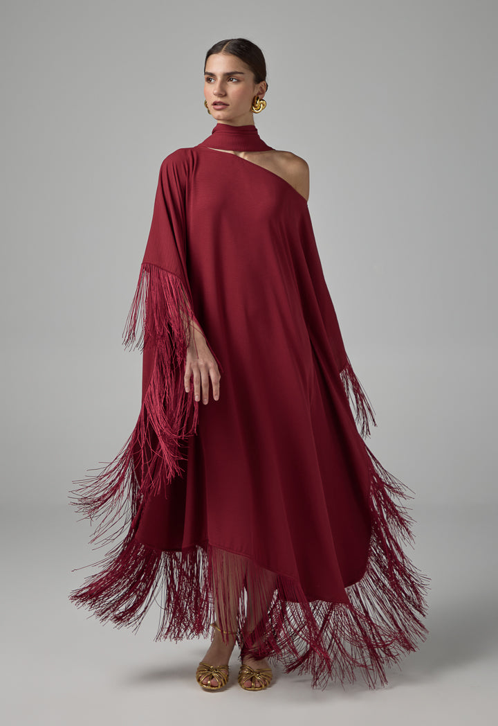 Choice One-Shoulder Dress With Tassels Details Burgundy